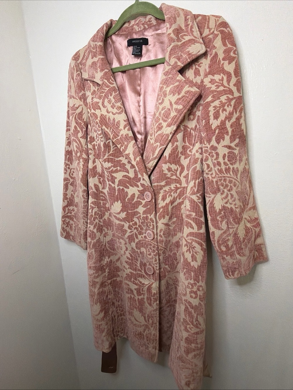 Y2K Arden B. blush pink floral brocade tapestry trench coat size medium - Picture 3 of 12